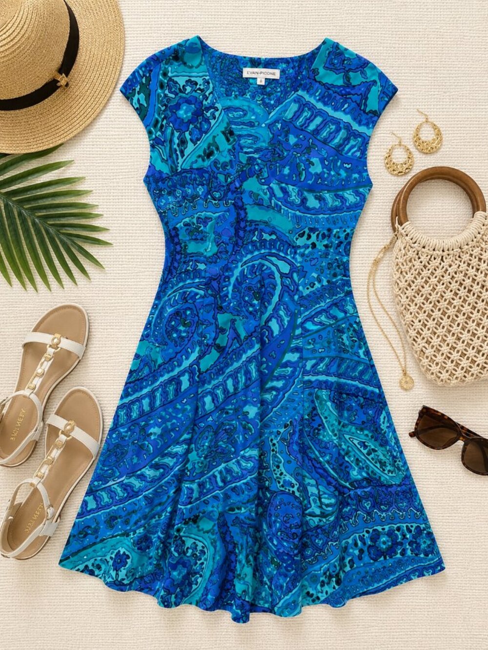 Evan Picone Dress Size 8 Blue Turquoise Paisley Fit & Flare V Neck Midi Dress